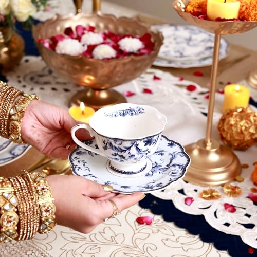 Vigneto Floral Midnight Blue Cup and Saucer Set (Vintage Collection) for Tea/Coffee/Hot Drinks | Set of 6 Cup & 6 Saucers, 210 ML | Finest Premium Porcelain | Lead Free | Scratch Resistant | Chip Resistant - Image 2