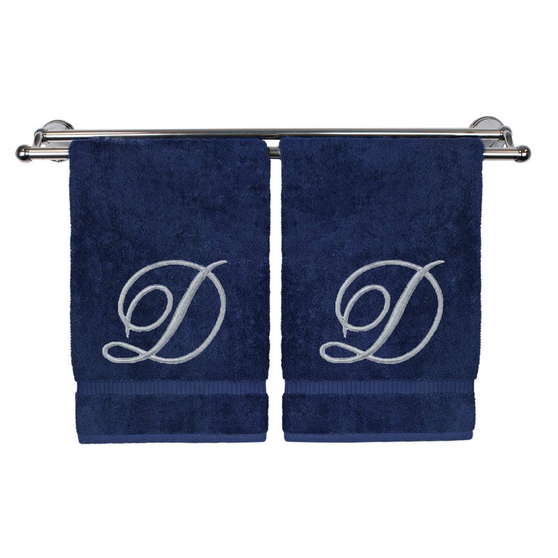 Monogrammed Hand Towel Personalized Gift 16 x 30 inches  Set of 2  Silver Embroidered Towel  Extra Absorbent 100 Turkish Cotton Soft Terry Finish Bathroom Kitchen Spa Script D Navy