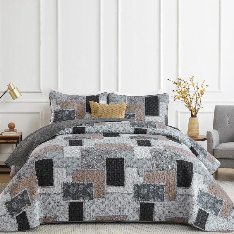 Xruibed Grey Quilt Set Queen Size 3 Pieces Plaid Floral Boho Bedspread Coverlet Set Patchwork Pattern Reversible Bedding Set Soft Microfiber Bedspread Set Queen for All Season(Queen 96"x90") - Image 1