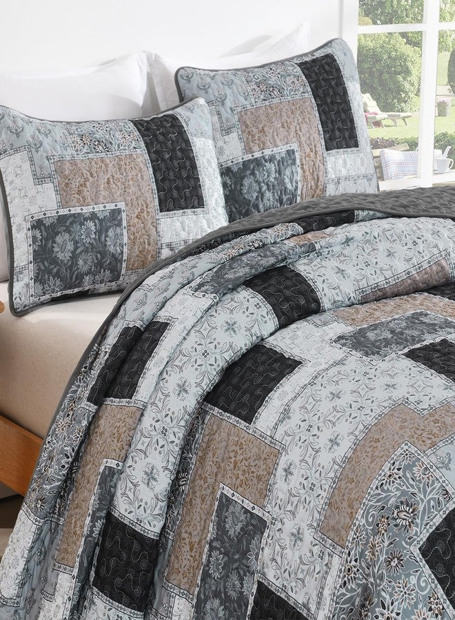 Xruibed Grey Quilt Set Queen Size 3 Pieces Plaid Floral Boho Bedspread Coverlet Set Patchwork Pattern Reversible Bedding Set Soft Microfiber Bedspread Set Queen for All Season(Queen 96"x90") - Image 5