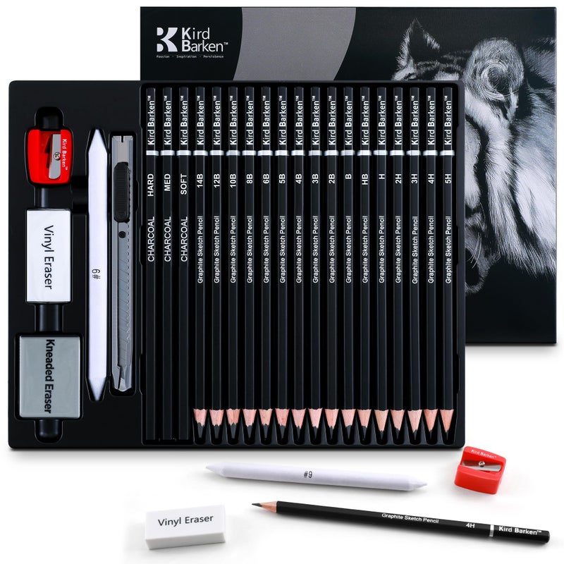 Kird Barken 24PCS Professional Sketch Pencil Set 5H to 14B Pencils Charcoal Pencils Art Supplies Kit with Erasers Sharpener Knife Ideal Gift for Artists Students Kids Beginners - Image 3