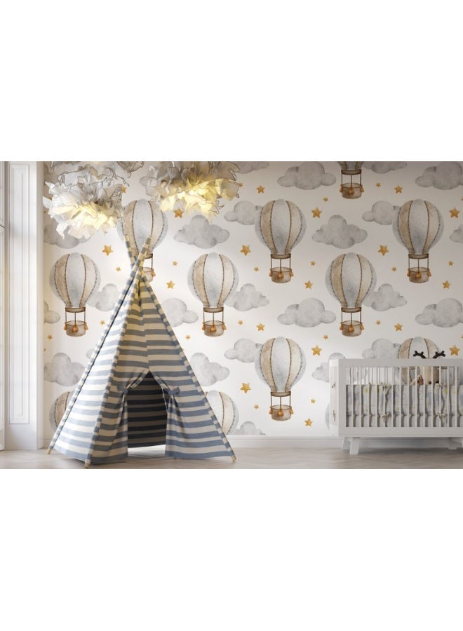 Home Gallery Hot Air Balloon With Basket Clouds And Stars Fabric Wallpaper Covers An Area ​​Up To 4.2Mx3M With Adhesive  And Smoothing Tool - Image 2