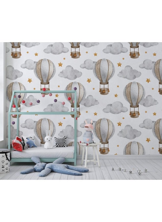 Home Gallery Hot Air Balloon With Basket Clouds And Stars Fabric Wallpaper Covers An Area ​​Up To 4.2Mx3M With Adhesive  And Smoothing Tool - Image 5