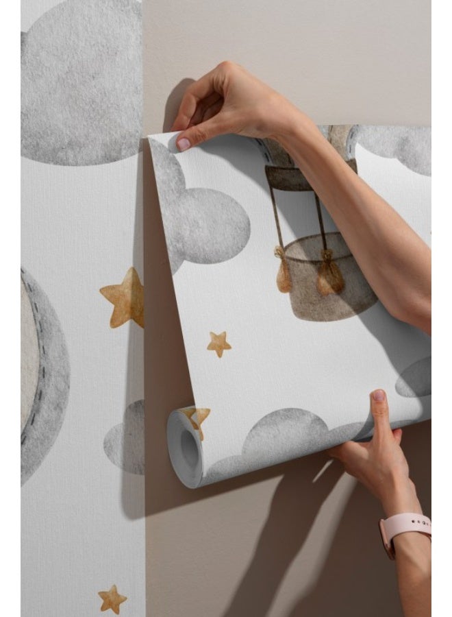 Home Gallery Hot Air Balloon With Basket Clouds And Stars Fabric Wallpaper Covers An Area ​​Up To 4.2Mx3M With Adhesive  And Smoothing Tool - Image 4