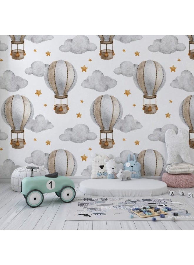Home Gallery Hot Air Balloon With Basket Clouds And Stars Fabric Wallpaper Covers An Area ​​Up To 4.2Mx3M With Adhesive  And Smoothing Tool - Image 3