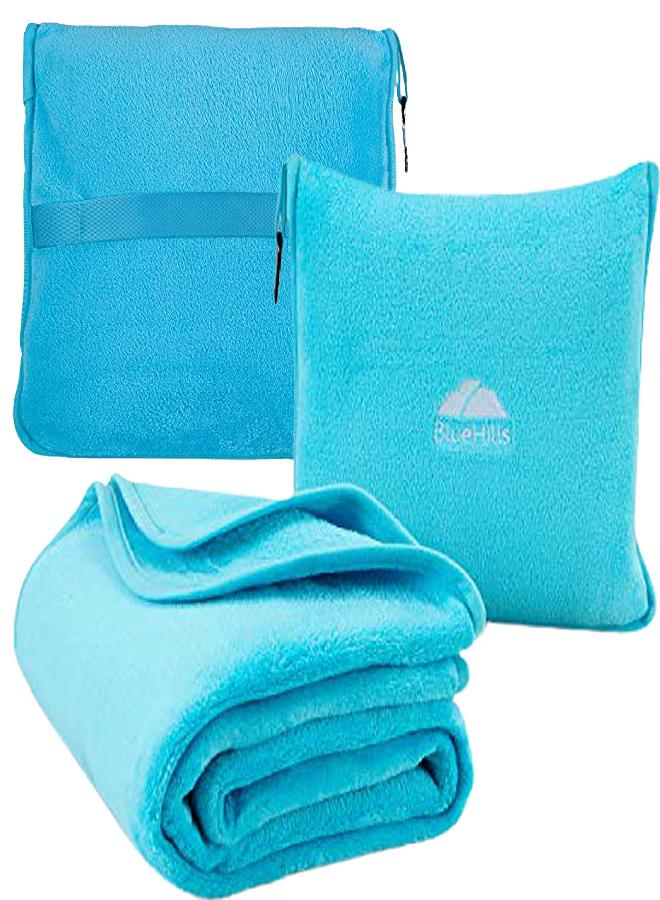 BlueHills BlueHills Premium Soft Travel Blanket Pillow Airplane Flight Blanket Throw in Soft Bag Pillow Case with Luggage Belt & Backpack Clip Compact Pack Large Blanket for Travel Light Blue (Sky Blue T000) - Image 1