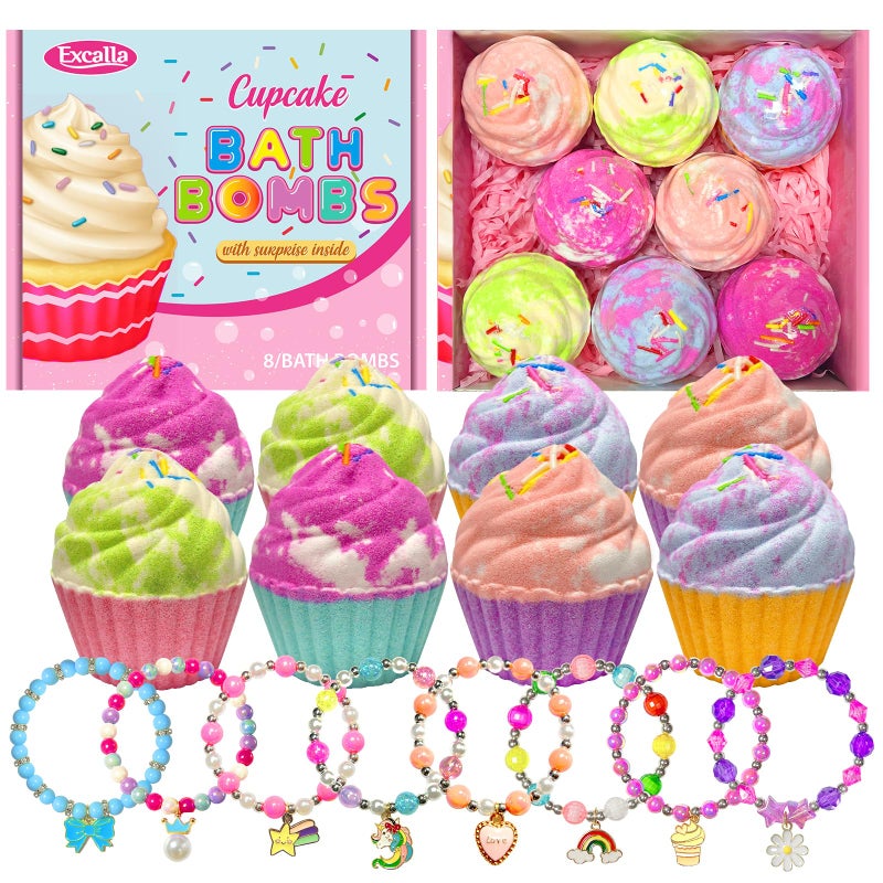 Excalla Easter Bath Bombs for Kids with Surprise Jewelry Inside, 8 Cupcake Bath Bombs for Girls Gift Set, Handmade Fizzes Balls with Rich Bubble Bath, Ideal for Chrildren Birthday Christmas - Image 1