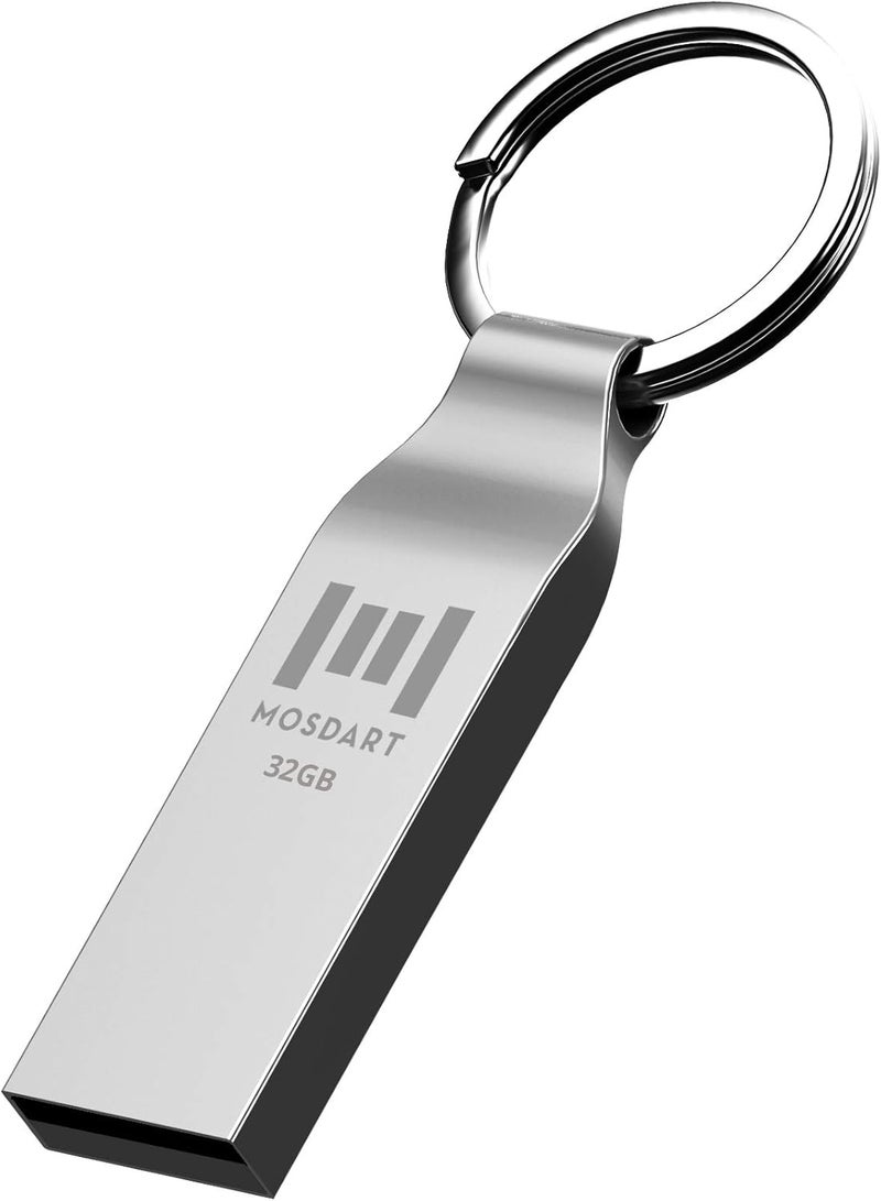 موس دارت محرك أقراص فلاش MOSDART مقاوم للماء بسعة 32GB USB2.0، بتنسيق FAT32، عصا ذاكرة معدنية مع سلسلة مفاتيح، للنسخ الاحتياطي للنظام وتخزين البيانات، فضي - Image 1