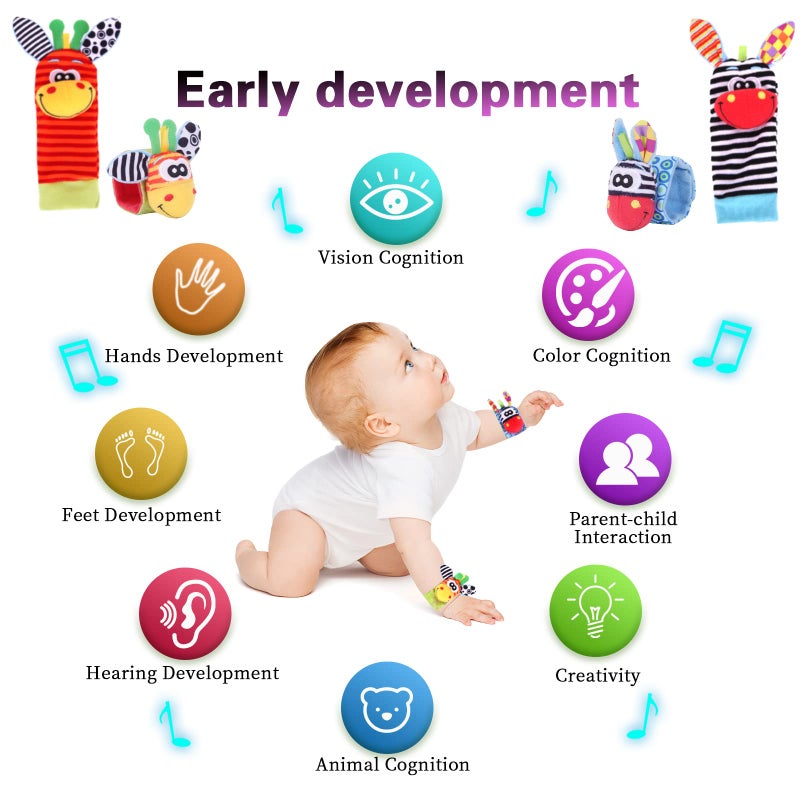 PADONISE Wrist Rattle Foot Finder Socks Set for Baby Arm Hand Bracelet Rattle Feet Leg Ankle Socks Newborn Soft Sensory Toys Baby Socks Newborn Rattles Toys Baby Gifts 0-3 6-12 Months Infant Girl Boy - Image 4