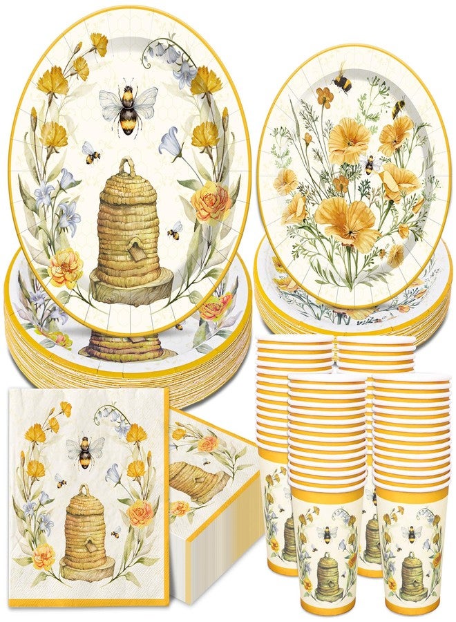 JarThenaAMCS مجموعة أدوات المائدة JarThenaAMCS للنحل تخدم 24 شخصًا أدوات مائدة صيفية قابلة للتخلص منها 48 طبقًا بحجم 7 و9 بوصات 24 منديلًا 24 كوبًا لحفلات الزفاف وأعياد الميلاد وحفلات استقبال المواليد واحتفالات الربيع - Image 1