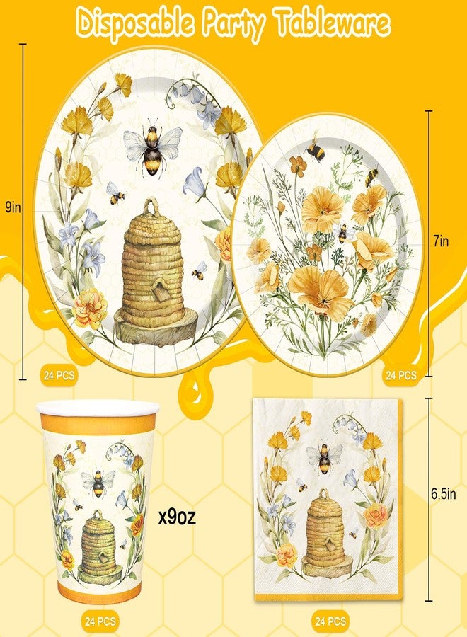 JarThenaAMCS مجموعة أدوات المائدة JarThenaAMCS للنحل تخدم 24 شخصًا أدوات مائدة صيفية قابلة للتخلص منها 48 طبقًا بحجم 7 و9 بوصات 24 منديلًا 24 كوبًا لحفلات الزفاف وأعياد الميلاد وحفلات استقبال المواليد واحتفالات الربيع - Image 2