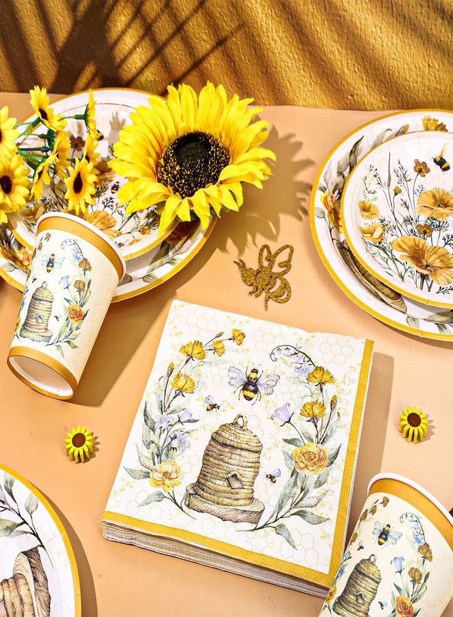 JarThenaAMCS مجموعة أدوات المائدة JarThenaAMCS للنحل تخدم 24 شخصًا أدوات مائدة صيفية قابلة للتخلص منها 48 طبقًا بحجم 7 و9 بوصات 24 منديلًا 24 كوبًا لحفلات الزفاف وأعياد الميلاد وحفلات استقبال المواليد واحتفالات الربيع - Image 3