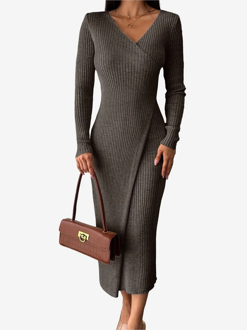 My Fashion Mocha Brown MY FASHION Ribbed V-neck Bodycon Midi Dress for Women | Best Price UAE