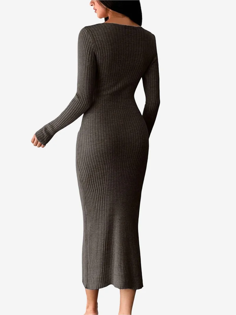 ماي فاشن MY FASHION Ribbed Boat Neck Bodycon Midi Dress
