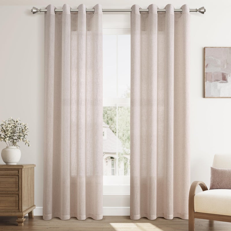 Jowels Oatmeal Linen Curtains 84 Inch Length 2 Panels for Living Room Bedroom  Light Filtering Sheer Curtains 84 Inches  Modern Grommet Privacy Semi Sheer Curtain 84 Inch  Oatmeal  52x84 - Image 2