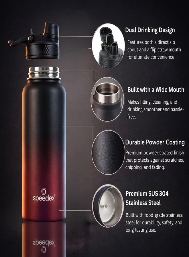 Speedex Vacuum Insulated Stainless Steel Water Bottle 1 Litre (1000ml / 1L / 1 Ltr) with 2-in-1 Lid (Straw & Spout), Hot & Cold Leakproof Thermosteel Travel Flask for Office, Gym & School (Black-Wine) - Image 2
