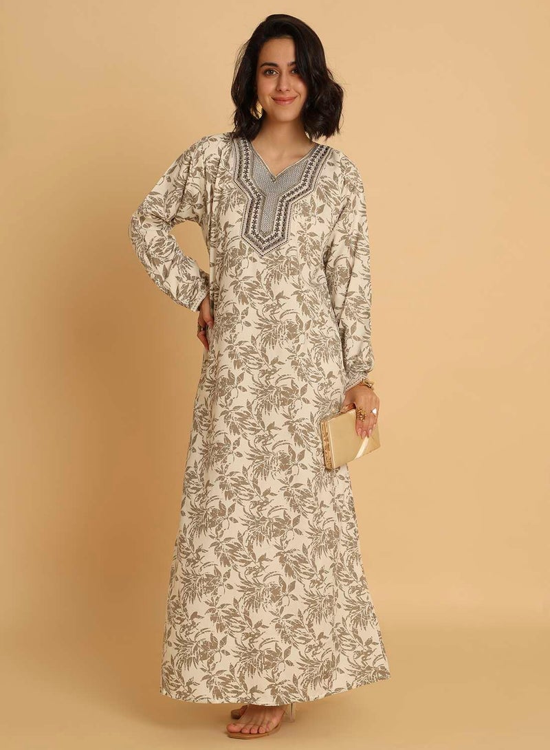 HANA & SARA Elegant Grey Floral Arabic Jalabiya with Embroidered V-Neck - Image 1