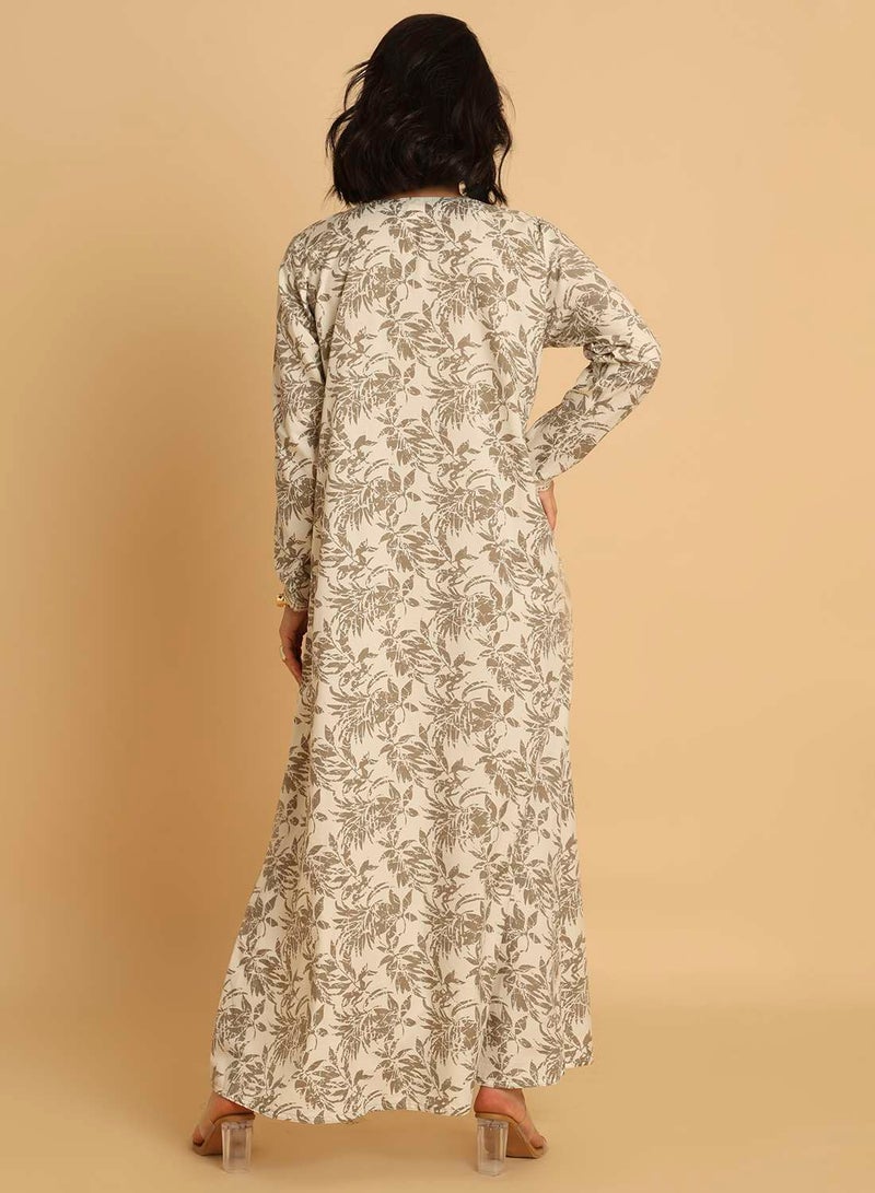 HANA & SARA Elegant Grey Floral Arabic Jalabiya with Embroidered V-Neck - Image 2