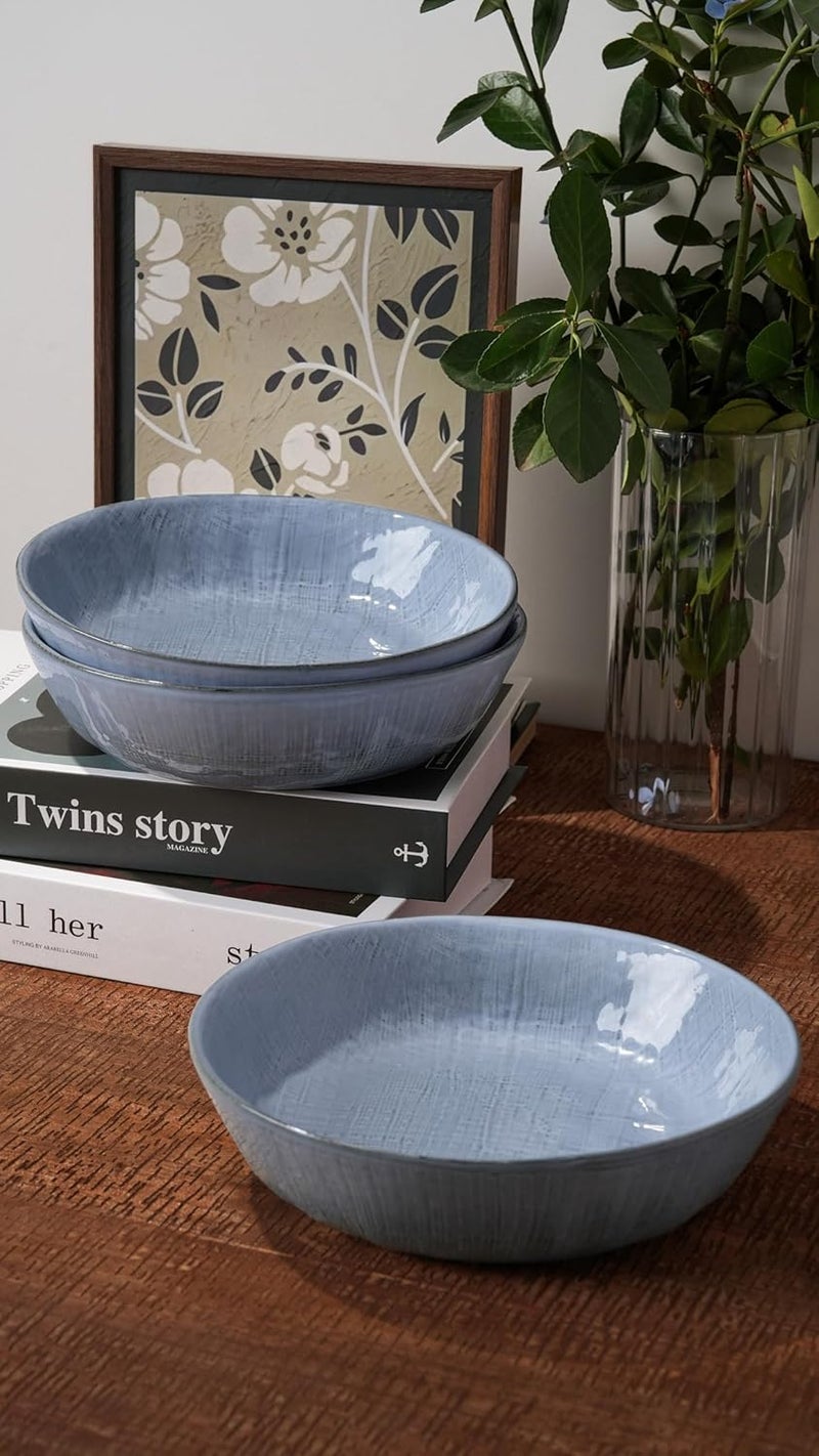 Famiware famiware Moonlight 85 Inch Pasta Bowls Set of 4 32oz Serving Bowls for Kitchen Soup Bowl with Linen Finish Large Stoneware Bowls for Festivals Housewarming Dinnerware Blue  - Image 5