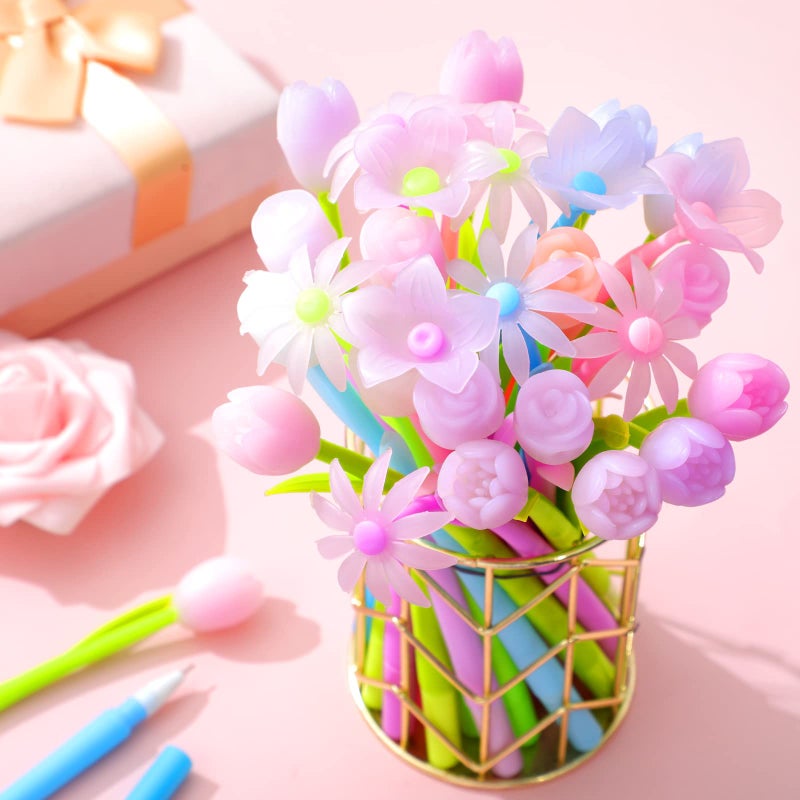 Tenare 18 Pieces Color Changing Flower Pens Colorful Gel Ink Ballpoint Rose Pens for School Home Office Presents(Daffodil Lampranthus Spectabilis Tulip Rose) - Image 2