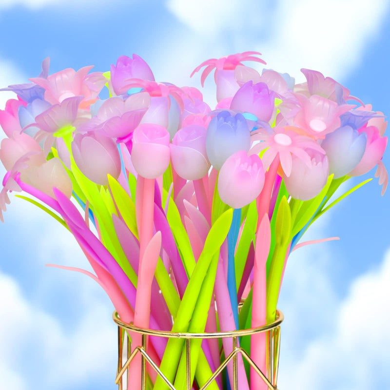 Tenare 18 Pieces Color Changing Flower Pens Colorful Gel Ink Ballpoint Rose Pens for School Home Office Presents(Daffodil Lampranthus Spectabilis Tulip Rose) - Image 1