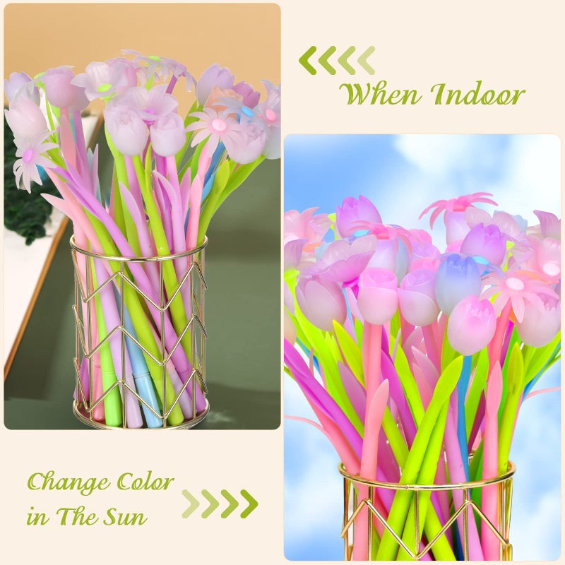 Tenare 18 Pieces Color Changing Flower Pens Colorful Gel Ink Ballpoint Rose Pens for School Home Office Presents(Daffodil Lampranthus Spectabilis Tulip Rose) - Image 3