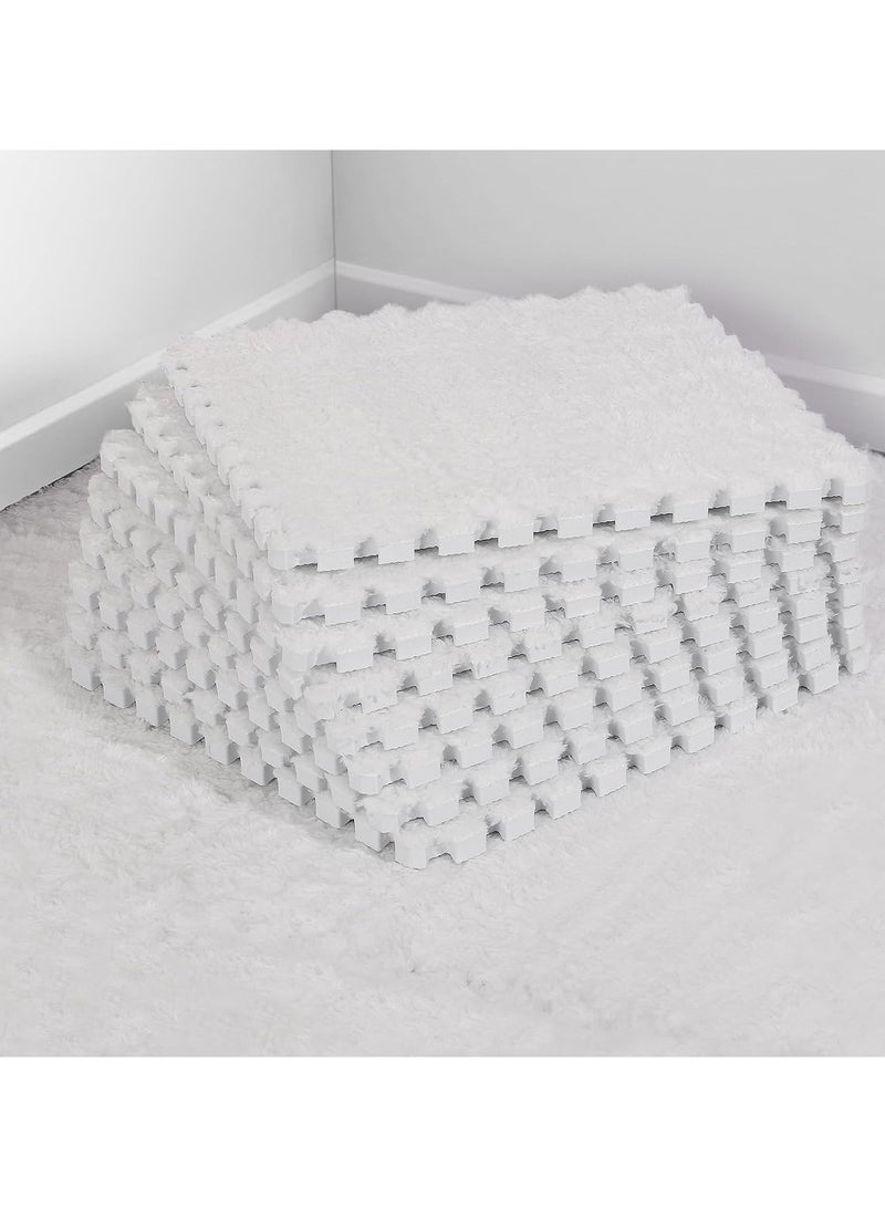 Jorunb 12 pcs Thickened Plush Foam Interlocking Floor Mats, Interlocking Foam Tiles with Edgings for Kids, Soft Anti-Slip Puzzle Area Square Rug Playmat for Children Room Flat (10", White) - Image 1