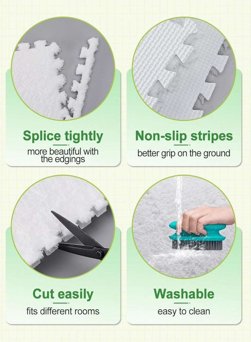 Jorunb 12 pcs Thickened Plush Foam Interlocking Floor Mats, Interlocking Foam Tiles with Edgings for Kids, Soft Anti-Slip Puzzle Area Square Rug Playmat for Children Room Flat (10", White) - Image 5