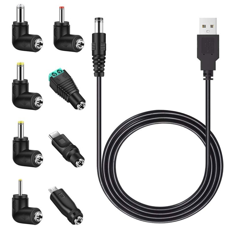كاست ويف كابل طاقة عالمي 5V DC، كابل شحن USB إلى DC 5.5x2.1mm مع 8 أطراف قابلة للتبديل، 5.5x2.5 4.8x1.7 4.0x1.7 3.5x1.35 2.5x0.7 Micro USB Type-C، شاحن متعدد الأجهزة للإلكترونيات - Image 1
