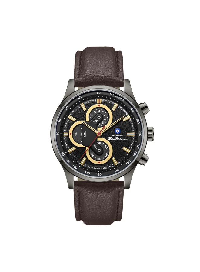 بين شيرمان Brighton Black Dial Brown Genuine Leather Strap Chronograph Watch for Men, 43.5mm