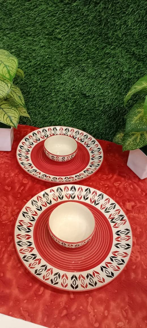 Caffeine Ceramic Handmade Orange Arrow Pattern Combo Dinner Set (4 pcs.P) - Image 1