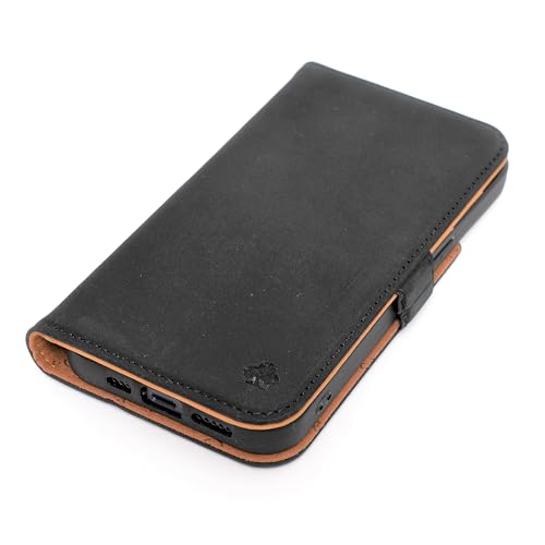 Porter Riley Leather Case Compatible with iPhone 16 Pro Max Premium Genuine Nubuck Leather BookWalletBook Case with Card Slots and Horizontal Stand Black Tan - Image 1