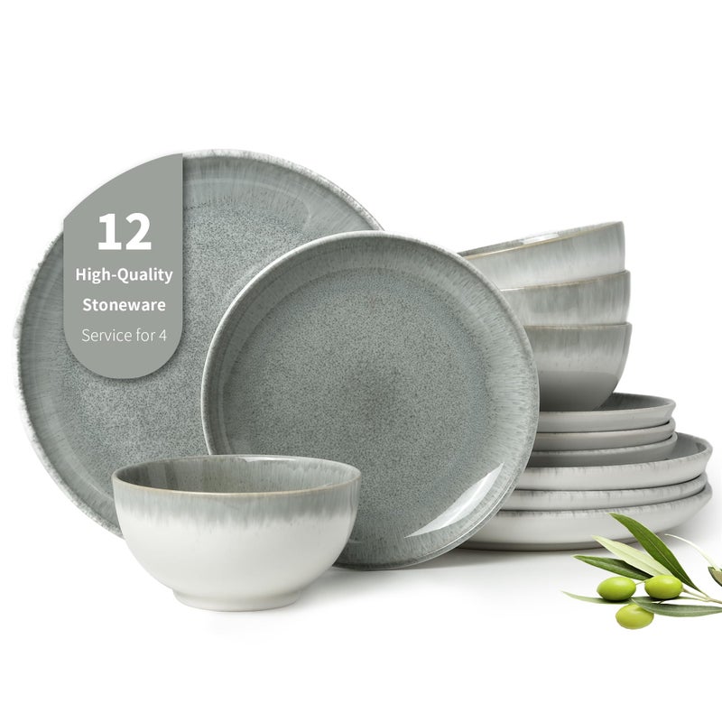 Pokini Gradient Green Stoneware Dinnerware Sets, 12 pcs Reactive Glaze Plates and Bowls Sets, Handmade Ceramic Round Dishes Set for 4, Highly Chip and Crack Resistant Modern Plate Set - Image 1