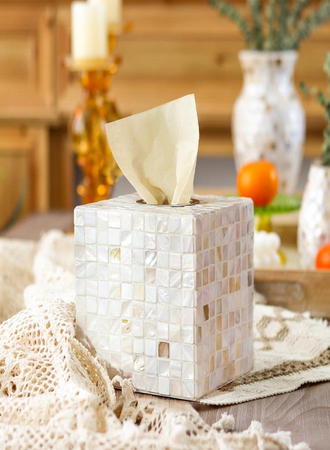 WDHODEC White Tissue Box Cover Square Decorative Tissue Box Holder Handmade Shell & Wooden Tissue Box Cube for Living Room, Dining Room, Cafe, Hotel, Office - Image 1