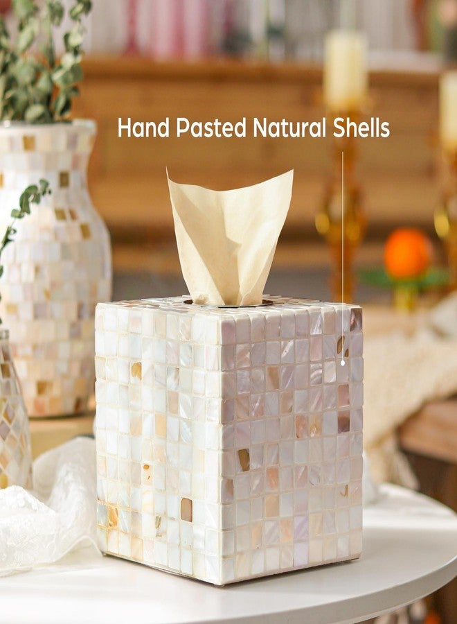 WDHODEC White Tissue Box Cover Square Decorative Tissue Box Holder Handmade Shell & Wooden Tissue Box Cube for Living Room, Dining Room, Cafe, Hotel, Office - Image 3