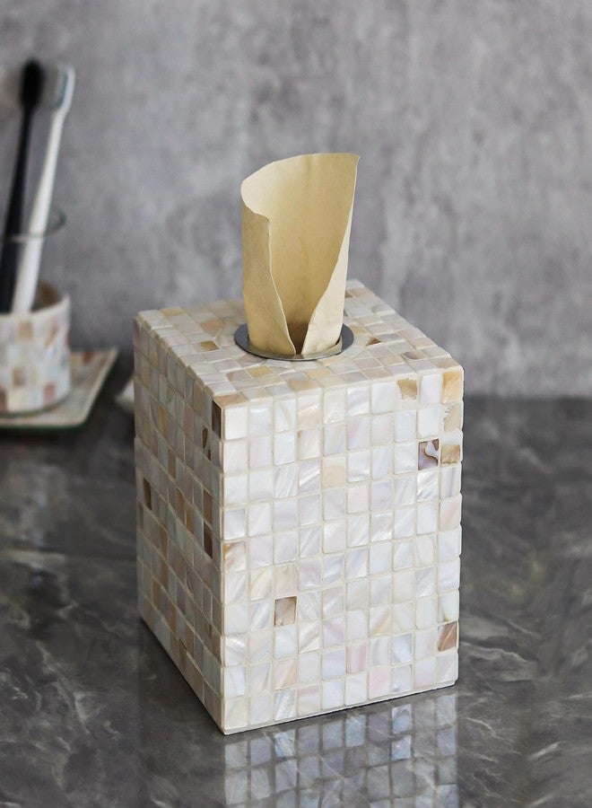 WDHODEC White Tissue Box Cover Square Decorative Tissue Box Holder Handmade Shell & Wooden Tissue Box Cube for Living Room, Dining Room, Cafe, Hotel, Office - Image 2