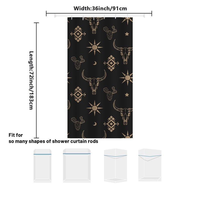 She Love Western Bull Skull Shower Curtain Boho Cow Longhorn Skull Head Cactus Bohemian Black and Gold Shower Curtain with Hooks 36x72 Inch Waterproof Polyester Bathroom Curtain (Black Gold Bull Skull) - Image 2