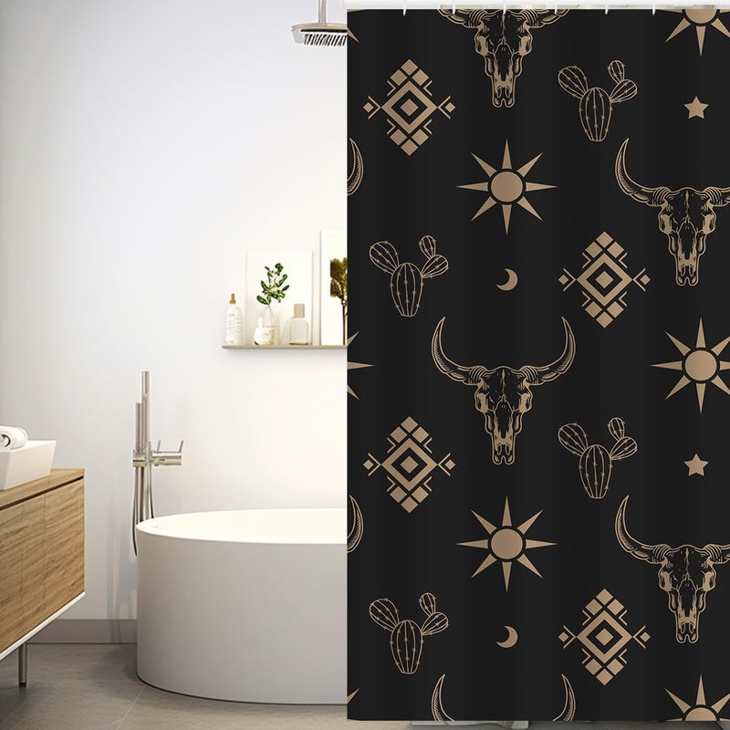 She Love Western Bull Skull Shower Curtain Boho Cow Longhorn Skull Head Cactus Bohemian Black and Gold Shower Curtain with Hooks 36x72 Inch Waterproof Polyester Bathroom Curtain (Black Gold Bull Skull) - Image 1