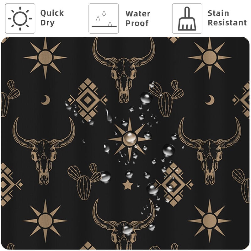 She Love Western Bull Skull Shower Curtain Boho Cow Longhorn Skull Head Cactus Bohemian Black and Gold Shower Curtain with Hooks 36x72 Inch Waterproof Polyester Bathroom Curtain (Black Gold Bull Skull) - Image 3