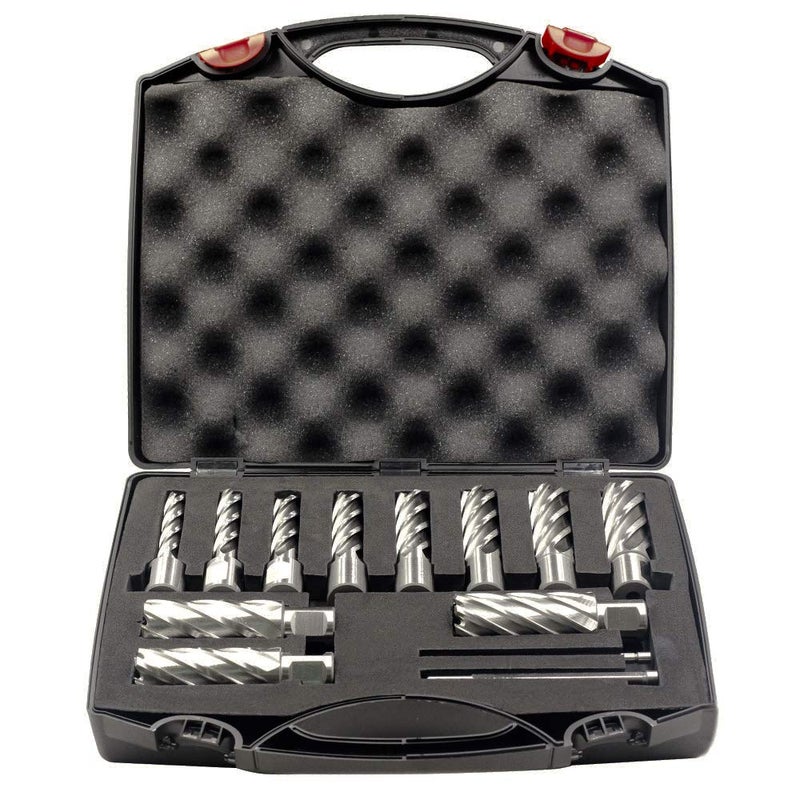 Annular Cutter Set 13 pcs JESTUOUS 34 Inch Weldon Shank 2 Cutting Depth and Cutting Diameter from 716 to 1116 for Drill Press HSS Standard Kit Two Flat with 2 Pilot Pins