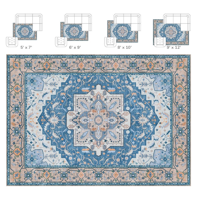 Lessymo 8 x 10 Area Rugs for Living Room- Machine Washable Area Rugs Boho Faux Wool Low Pile Area Rug for Bedroom Floral Medallion Vintage Rugs with Non-Slip Rubber, Kid & Pet Friendly, Blue Brown - Image 2