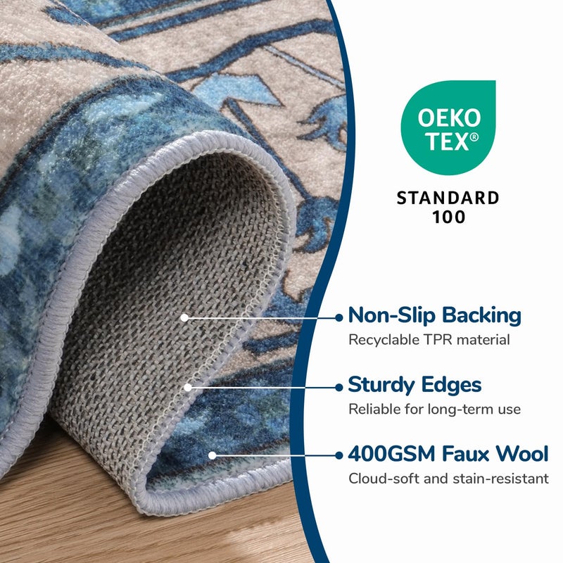 Lessymo 8 x 10 Area Rugs for Living Room- Machine Washable Area Rugs Boho Faux Wool Low Pile Area Rug for Bedroom Floral Medallion Vintage Rugs with Non-Slip Rubber, Kid & Pet Friendly, Blue Brown - Image 4