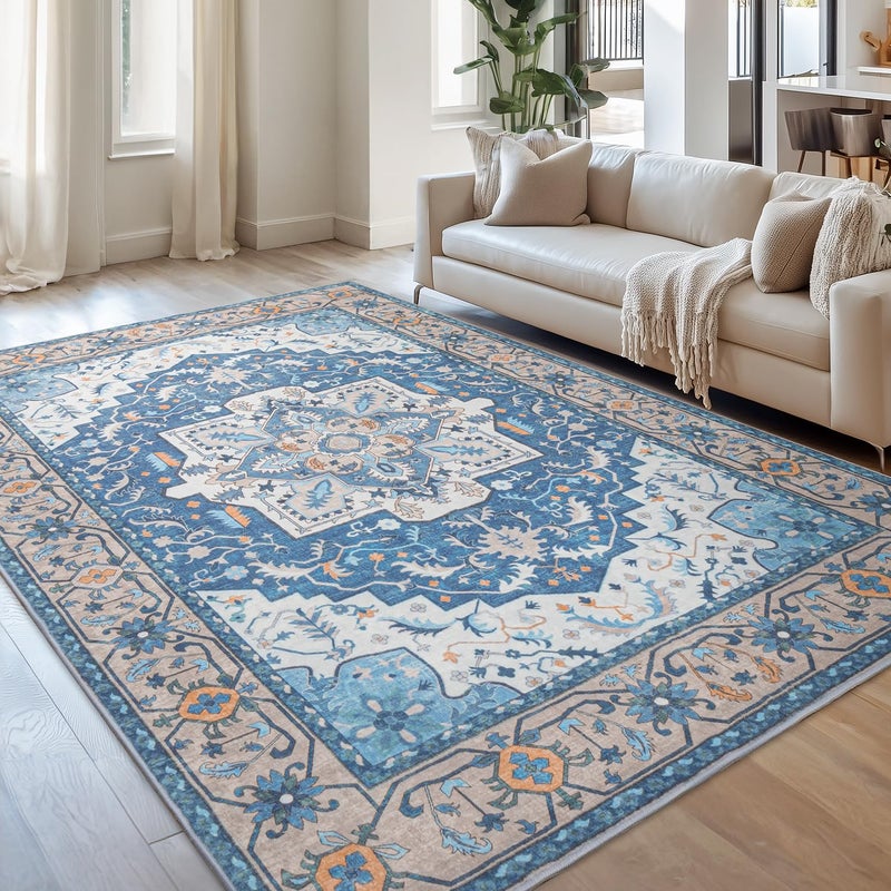 Lessymo 8 x 10 Area Rugs for Living Room- Machine Washable Area Rugs Boho Faux Wool Low Pile Area Rug for Bedroom Floral Medallion Vintage Rugs with Non-Slip Rubber, Kid & Pet Friendly, Blue Brown - Image 1