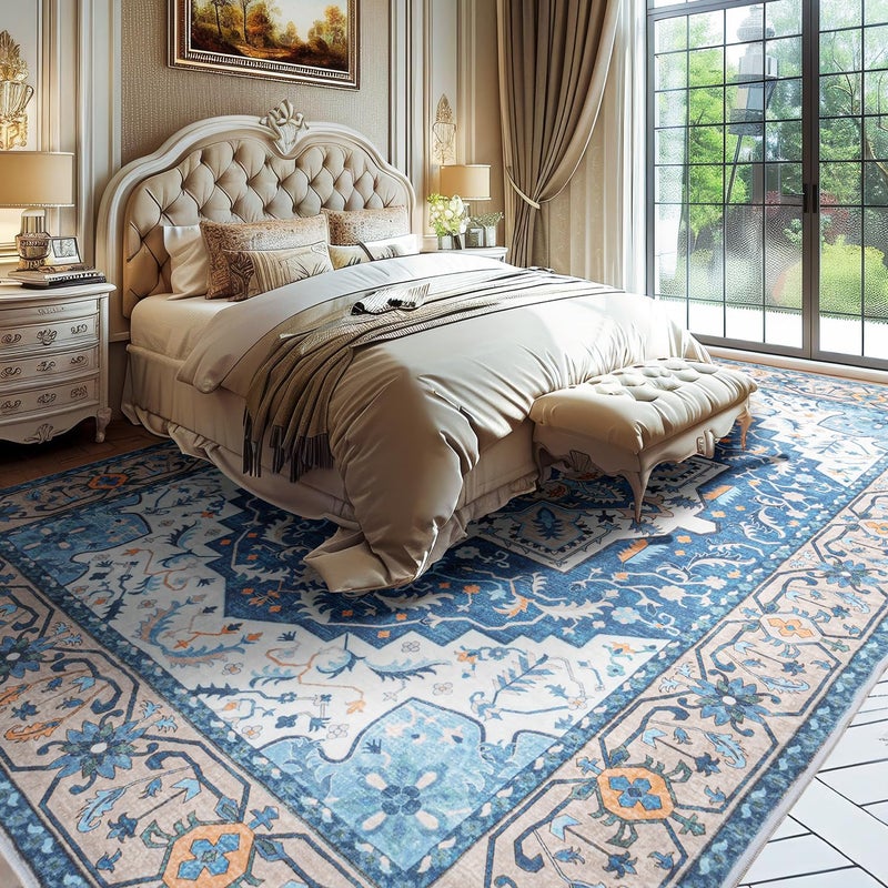 Lessymo 8 x 10 Area Rugs for Living Room- Machine Washable Area Rugs Boho Faux Wool Low Pile Area Rug for Bedroom Floral Medallion Vintage Rugs with Non-Slip Rubber, Kid & Pet Friendly, Blue Brown - Image 3