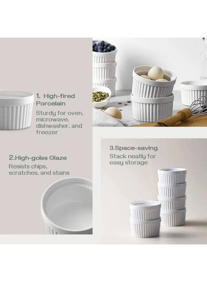 مجموعة أواني الرامكن من البورسلان - 4 قطع سعة 8 أونص، أواني خزفية بيضاء مقاومة للحرارة قابلة للتكديس للفرن، الميكروويف، وآمنة للغسل في غسالة الصحون - مثالية للحلويات والوجبات الجاهزة - Image 2