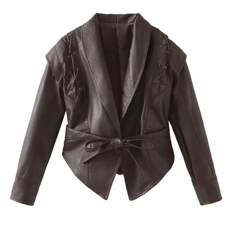 Retro Biker Jacket Faux Leather Womens Outerwear Coffee  - Image 1