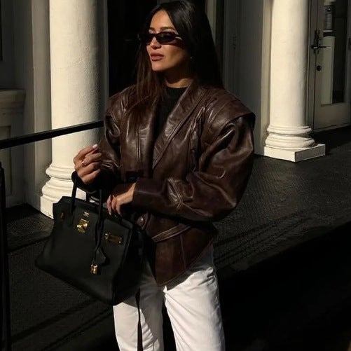 Retro Biker Jacket Faux Leather Womens Outerwear Coffee  - Image 4