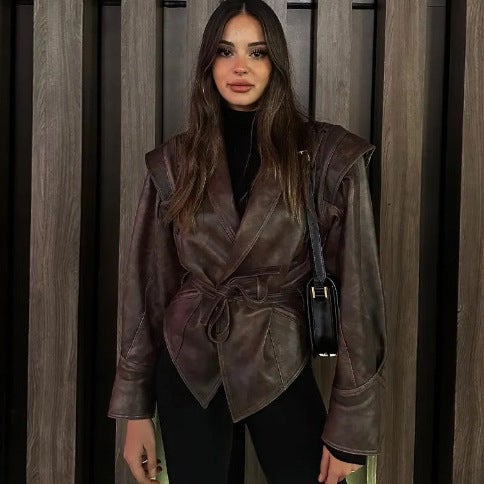 Retro Biker Jacket Faux Leather Womens Outerwear Coffee  - Image 2