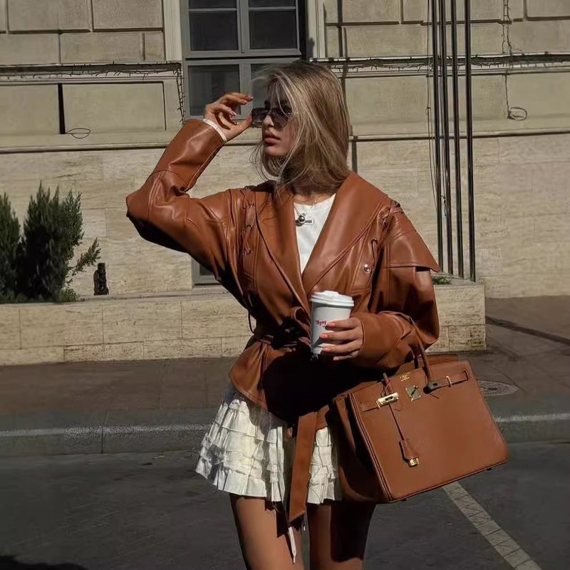 Retro Biker Jacket Faux Leather Womens Outerwear Coffee  - Image 5