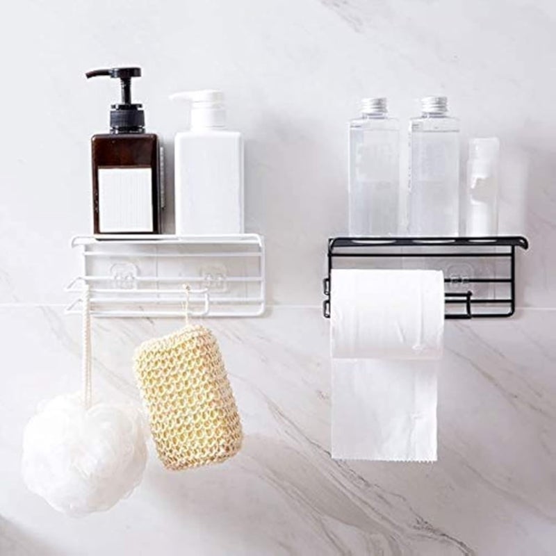 MR FASHION Bathroom Metal Wall Mounted Toilet Paper Holder Tissue/Towel Holder with Mobile Phone Storage Shelf, 18.5 x 14.5 x 10.5 cm, Black